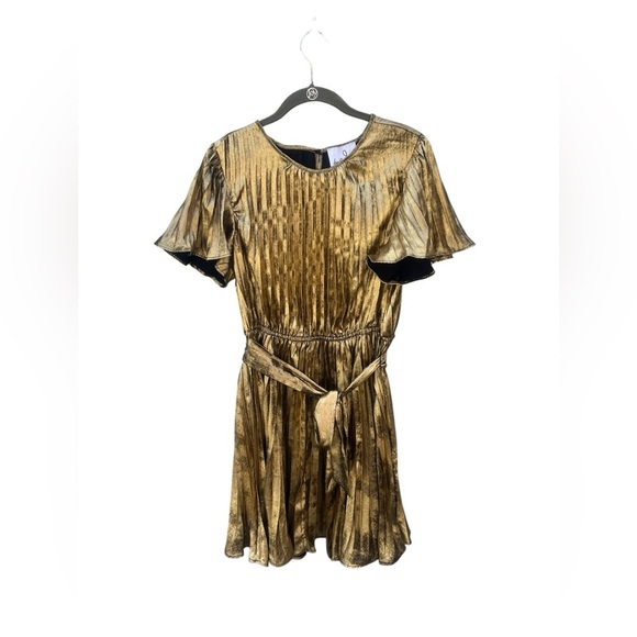 Sam Edelman Women's Gold Plisse Mini Tie Waist Dress. Size 10 New With Tags - Picture 1 of 9